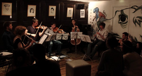 Raise Your Voice Ensemble performing Tom Coult's Avian Riots at Centro Bar (Photo by Simon Bray)